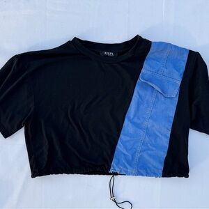 Julia by Love J Cropped Top Womens Black Blue Contrast Faux Pocket Cinch Hem